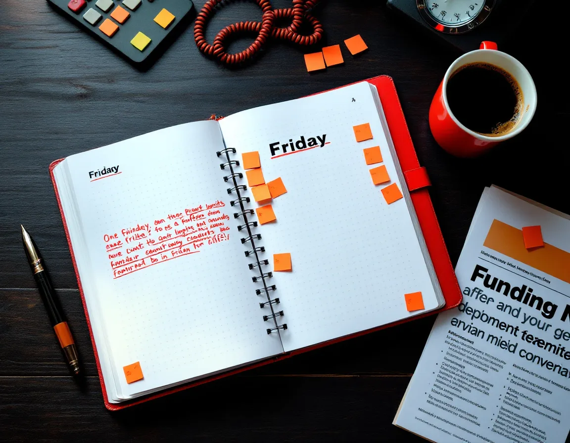 A writer’s desk with a paper planner, one Friday circled in coral, beside a tabbed funding notice and a desk phone